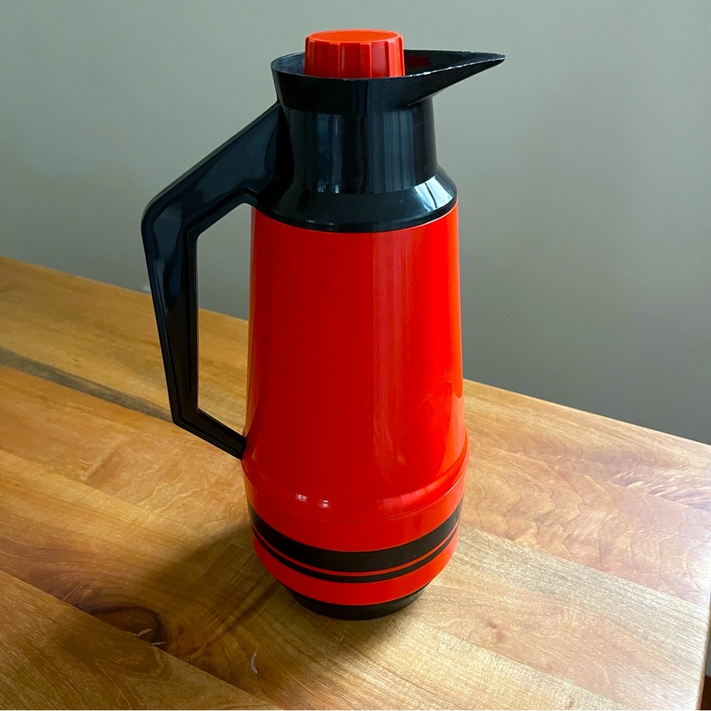 Vintage 70s AB Mullsjo Sweden Thermal  Carafe Glass Plastic Orange Black Bauhaus
